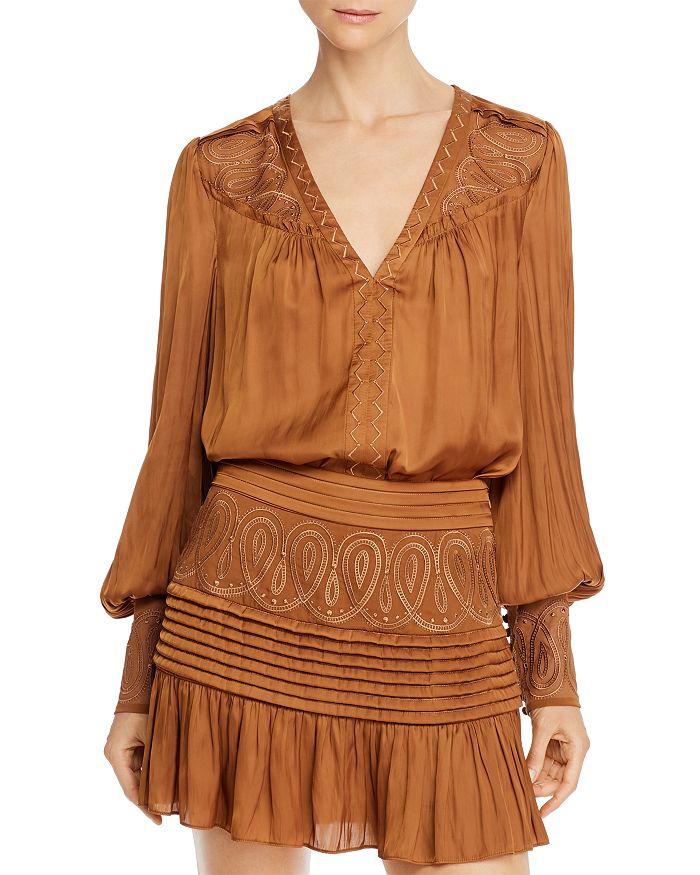 Ramy Brook Justin Embroidered Bishop-sleeve Top In Copper