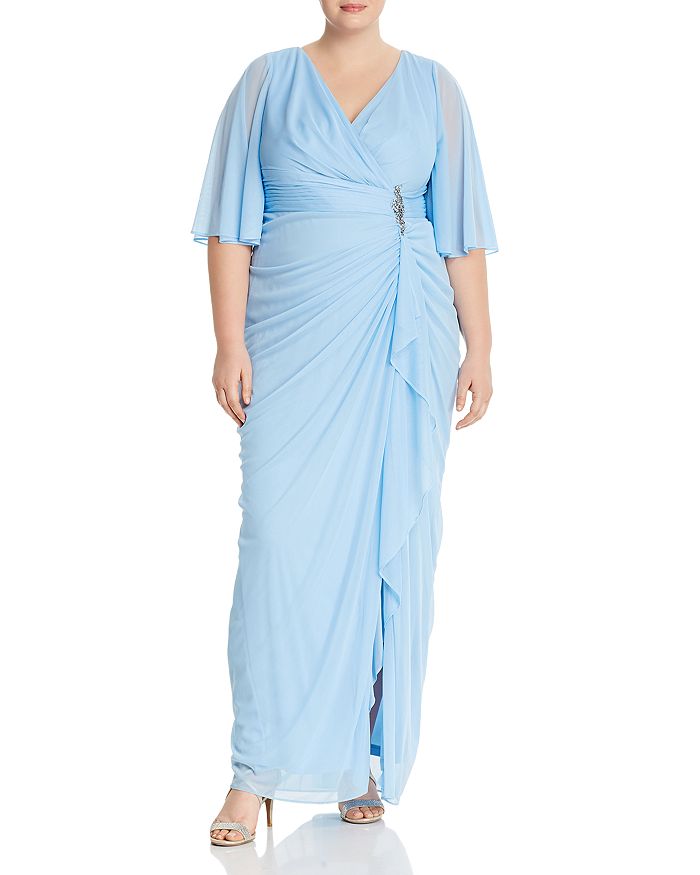 Adrianna Papell Plus Draped Flutter-sleeve Faux Wrap Gown In Blue Mist
