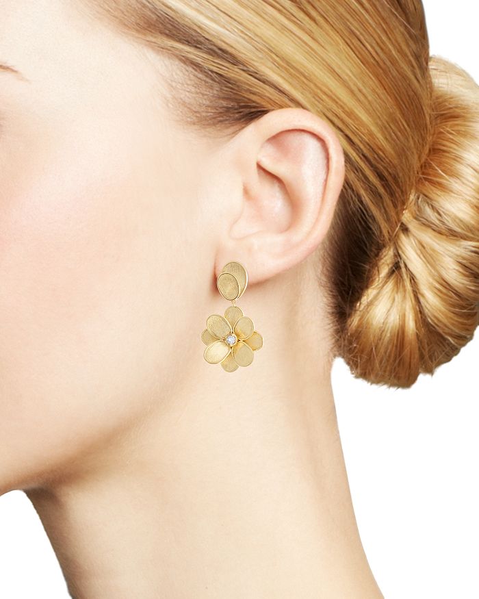 Shop Marco Bicego 18k Yellow Gold Diamond Petal Drop Earrings In White/gold