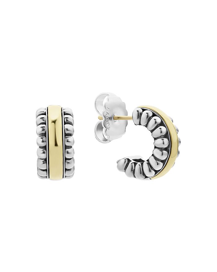 Shop Lagos Sterling Silver & 18k Gold Signature Caviar Small Flute Hoop Earrings In Silver/gold