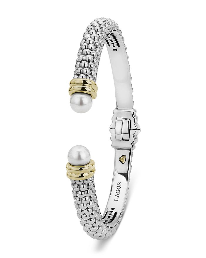Shop Lagos Sterling Silver And 18k Yellow Gold Luna Cultured Freshwater Pearl Cuff In White/silver