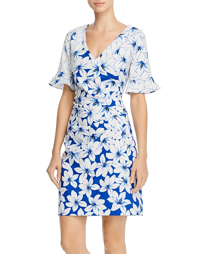 Adrianna Papell Ruched Lily Print Dress In Blue Multi