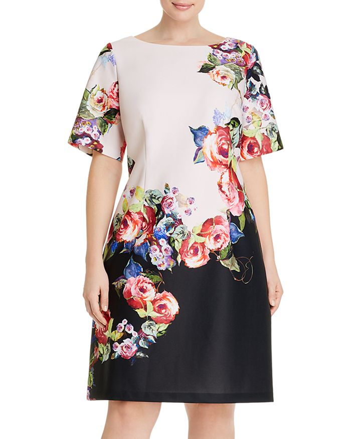 Adrianna Papell Plus Rose Printed A-line Dress In Black Multi