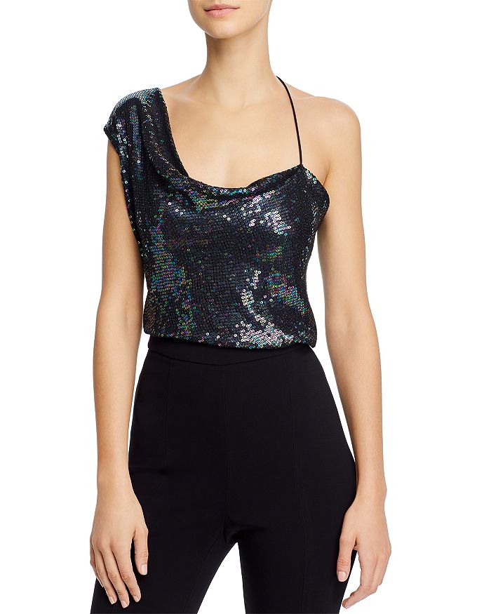 Cushnie Asymmetrical Draped Tank With Iridescent Paillette In Black