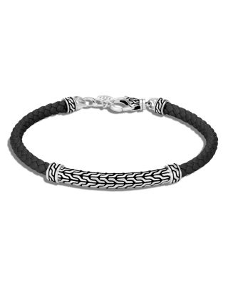 John Hardy Sterling Silver & Black Leather Classic Chain Lined Flex Bracelet