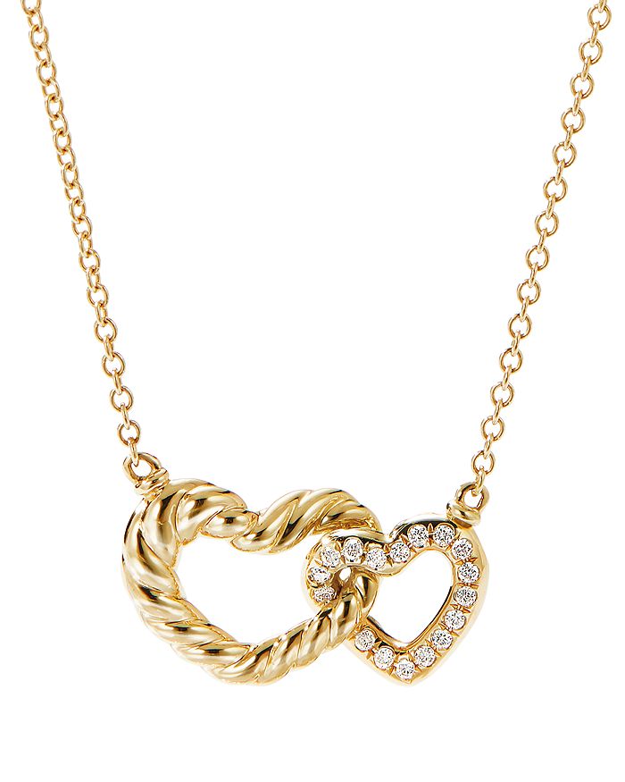 David Yurman - Cable Double Heart Pendant Necklace with 18K Yellow Gold with Pav&eacute; Diamonds, 18"
