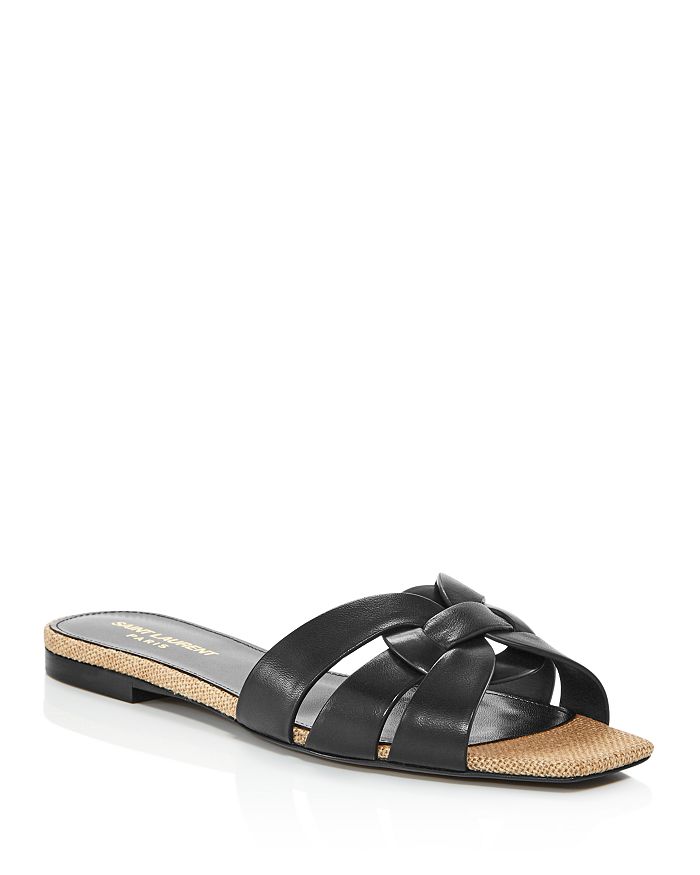 Saint Laurent Nu Pieds Woven Leather And Canvas Slides In Black