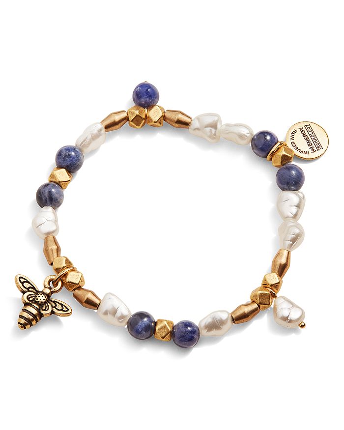 Alex And Ani Gold-tone Honey Bee Beaded Charm Stretch Bracelet In Gold/multi