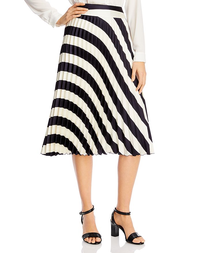 Hugo Boss Valta Pleated Stripe Midi Skirt In Black/ivory