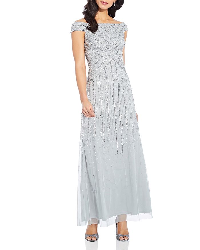 Adrianna Papell Beaded Evening Gown In Frosted Sage
