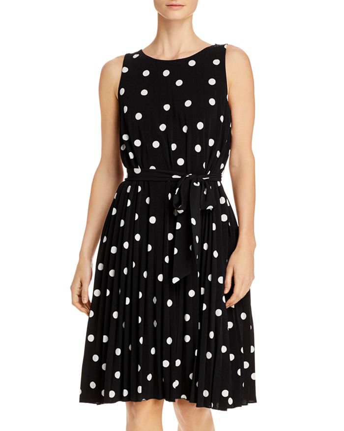 T Tahari Pleated Polka Dot Tie Waist Dress Bloomingdale s