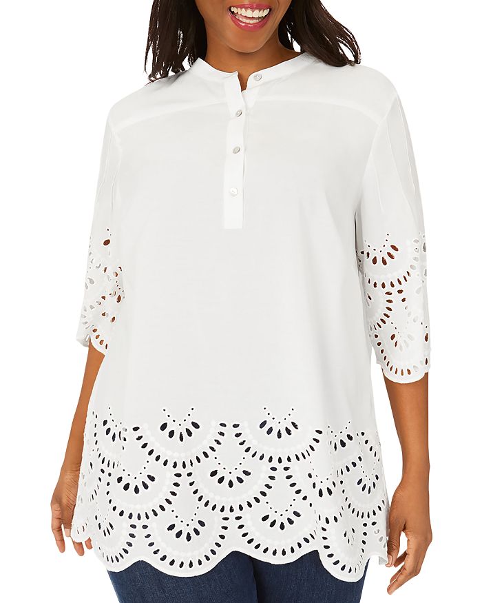 Foxcroft Plus Bailey Eyelet Embroidered Scalloped Tunic In White