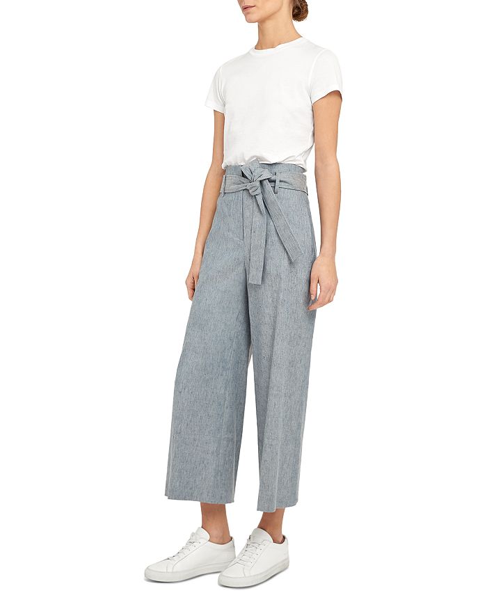 Theory Belted Linen Blend Wide Leg Pants In Chambray | ModeSens