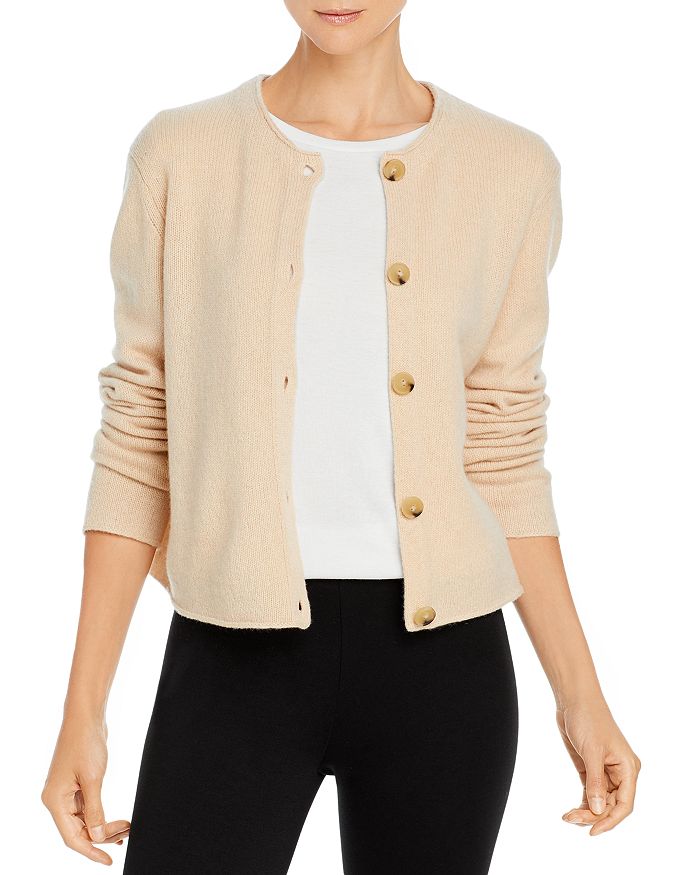 Vince Button Crew Cashmere Cardigan In Champagne