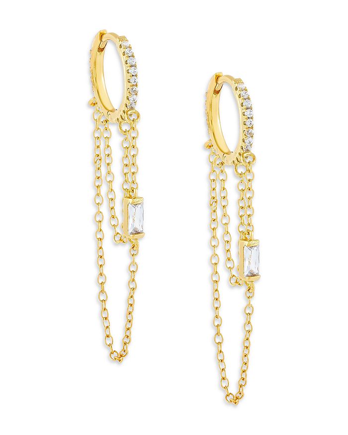 Adinas Jewels Adina's Jewels Baguette Cubic Zirconia & Chain Drop Huggie Hoop Earrings In Gold