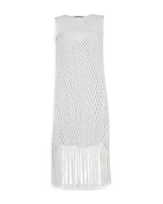 Shop Allsaints Jesa Fringe Hem Net Dress In Chalk White