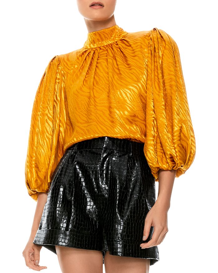 Alice And Olivia Alice + Olivia Annabelle Mock Neck Puff Sleeve Top In Autumn Gold