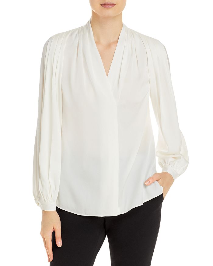 Kobi Halperin Nellie Pleated V-neck Long-sleeve Blouse In Ivory