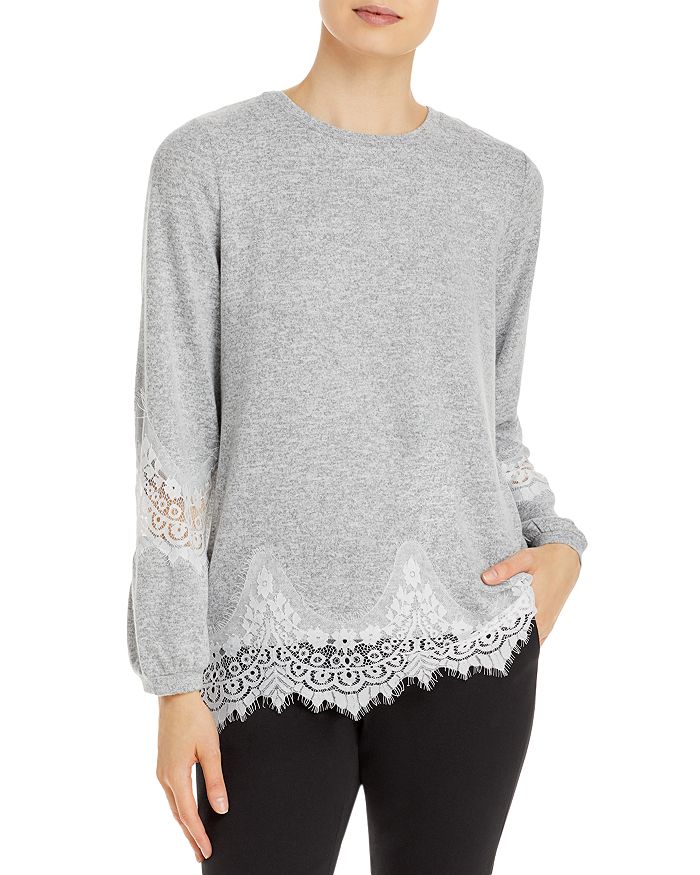 Alison Andrews Lace Trim Top In Gray/white