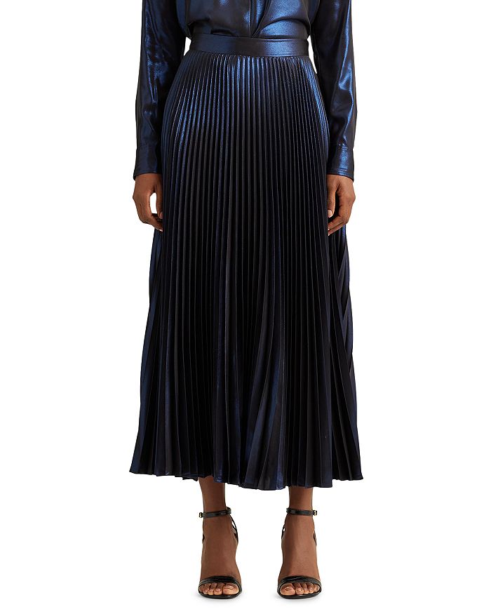 Ralph Lauren Lauren  Pleated Metallic Maxi Skirt In Lauren Navy