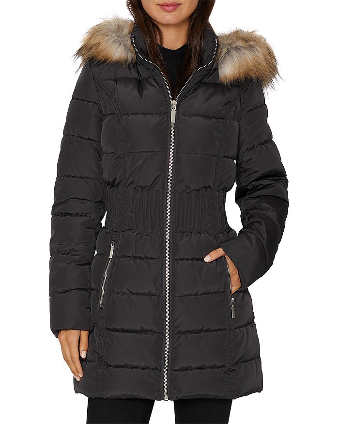 Womens Calvin Klein Black Winter Coat With Faux Fur-Trimmed Hood- Size M