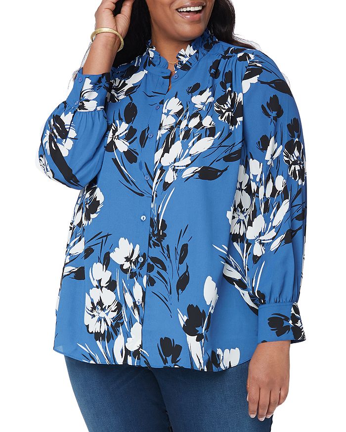 Nydj Plus Printed Ruffled Neck Top In Creekside Blossoms