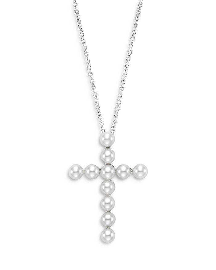 BLOOMINGDALE'S CULTURED FRESHWATER PEARL CROSS PENDANT NECKLACE IN 14K WHITE GOLD, 16-18 - 100% EXCLUSIVE,P3194WC