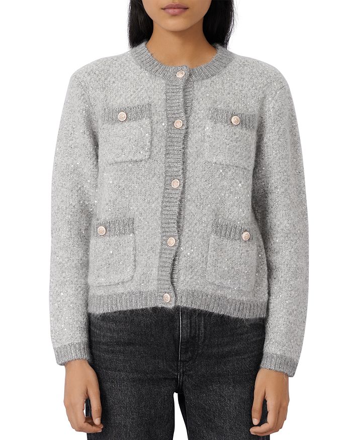Maje Morning Lurex Sequined Cardigan In Gray