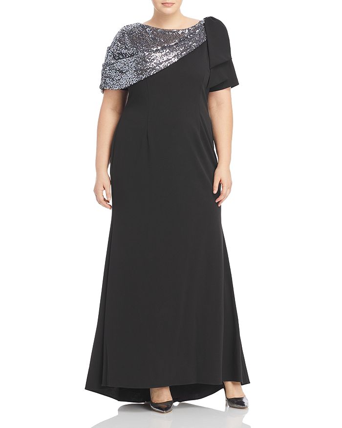 Adrianna Papell Plus Sequin Crepe Gown In Black