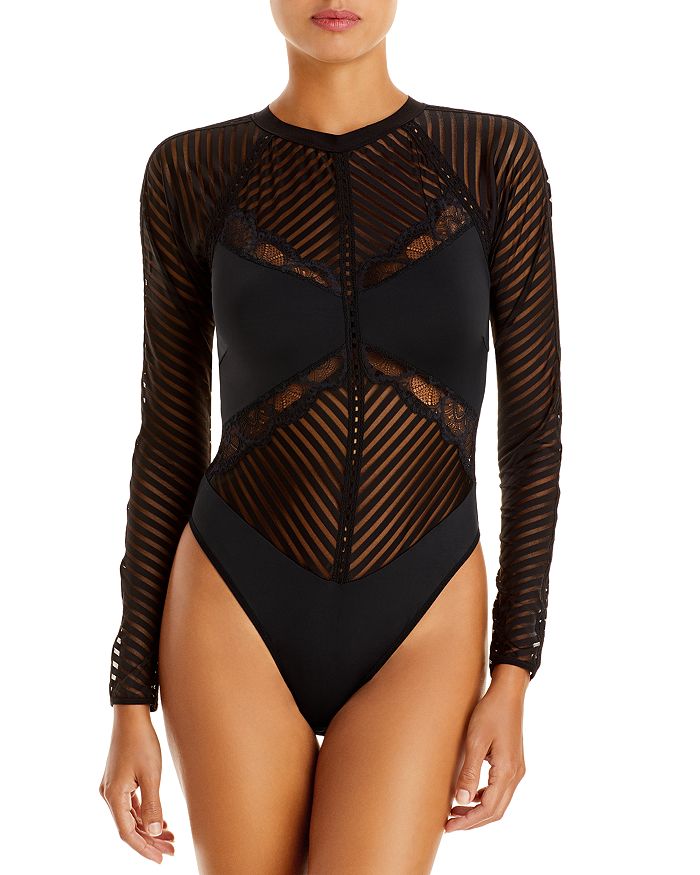 Thistle and Spire Sheer Floral Embroidered Bodysuit - Black