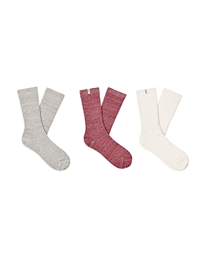 Shop Ugg Rib Knit Slouchy Crew Socks, Pack Of 3 In Nightfall/sangria Red/white
