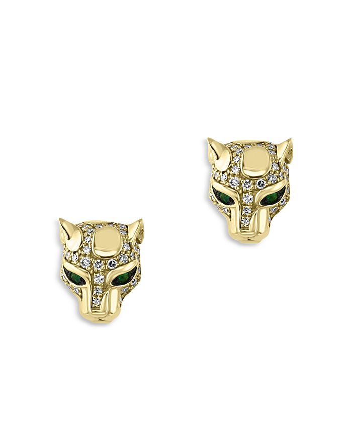 Bloomingdale's Emerald & Diamond Cat Head Stud Earrings In 14k Yellow Gold - 100% Exclusive
