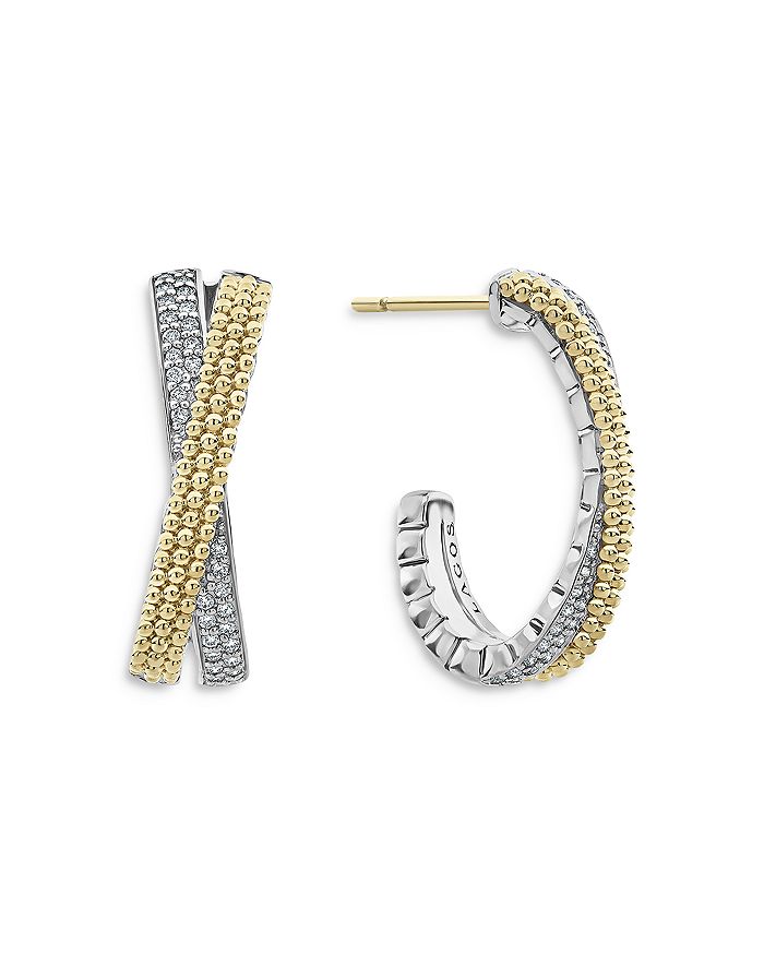 Lagos Sterling Silver & 18k Yellow Gold Caviar Lux Diamond Hoop Earrings In Silver