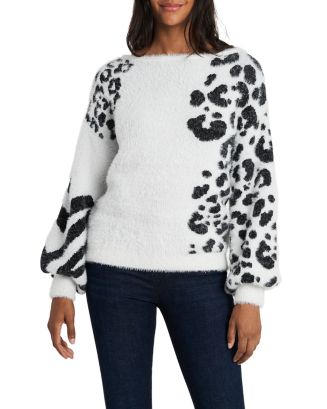 Vince Camuto Women's Animal Print Jacquard Fuzzy Sweater White Size Large