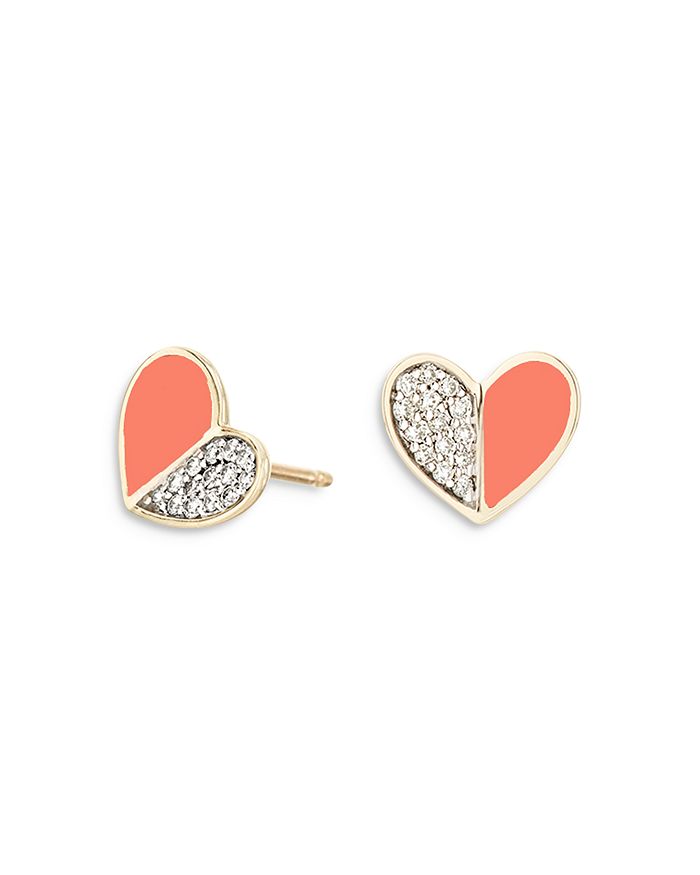 Adina Reyter 14k Yellow Gold Diamond & Coral Ceramic Heart Stud Earrings
