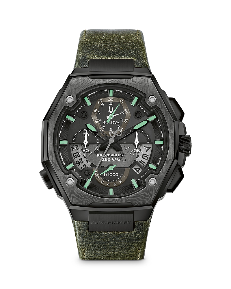 Bulova Precisionist Mens Chronograph Green Leather Bracelet Watch 98b355 In Black