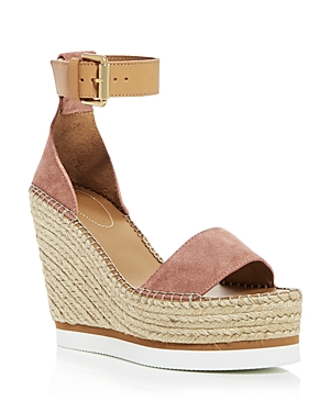 See By Chloé Glyn Espadrille Platform Wedge Ankle Strap Sandals In Dark Pink Suede