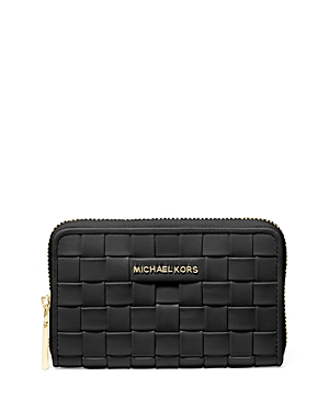 Michael Michael Kors Jet Set Small Woven Leather Card Case In Black