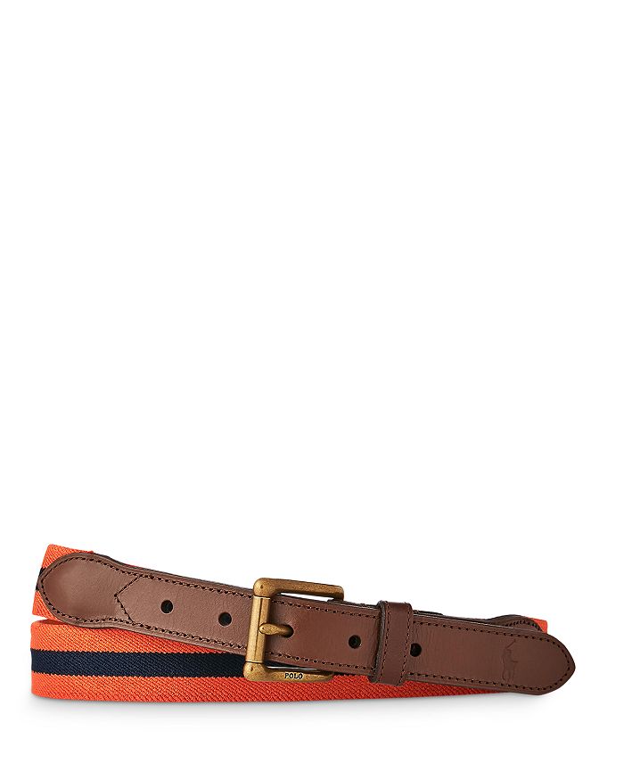 Polo Ralph Lauren Leather Trim Stretch Belt In Orange/navy