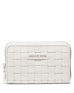 Michael Michael Kors Jet Set Small Woven Leather Card Case In Light Cream/pale Gold