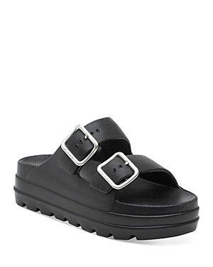 J/slides Women's Simply Double Buckle Platform Slide Sandals In Black/black