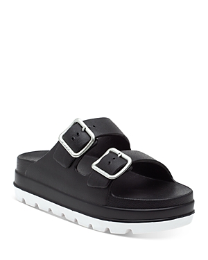 J/slides Women's Simply Double Buckle Platform Slide Sandals In Black/white