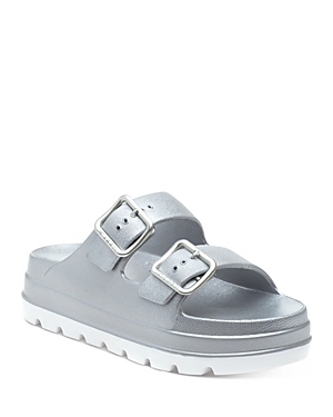 J/slides Women's Simply Double Buckle Platform Slide Sandals In Silver/white