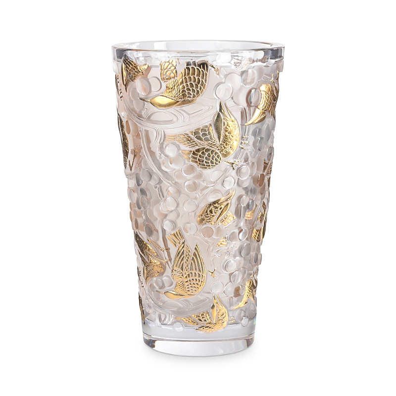 Lalique Merles & Raisins Large Gold Stamped Vase, Numbered Edition In Gold