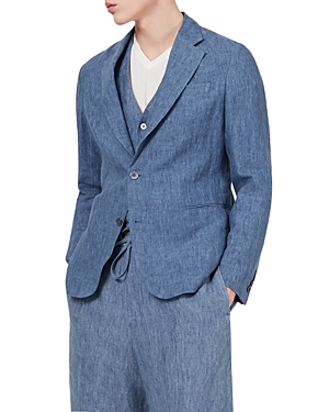 Armani Collezioni Emporio Armani Linen Solid Slim Fit Blazer In Solid Blue