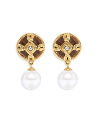 Capucine De Wulf - Monique Pav&eacute; Caged Teak & Imitation Pearl Drop Earrings in 18K Gold Plate