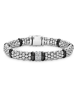 Shop Lagos Sterling Silver & Ceramic Caviar Beaded Diamond Station Bracelet In Black/silver