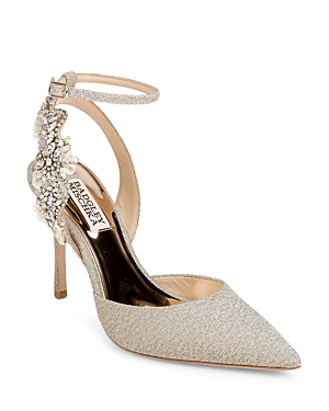 Badgley Mischka Women's Blanca Ankle Strap Embellished Pumps In Platinum Textile