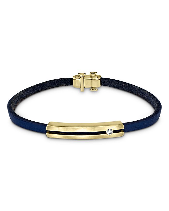 Bloomingdale's Men's Diamond & Leather Bar Bracelet In 14k Yellow Gold, 0.10 Ct. T.w. - 100% Exclusive