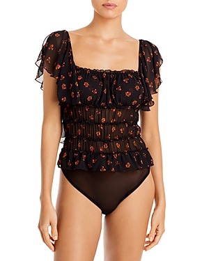 Free People Julie Ruched Square Neck Printed Bodysuit